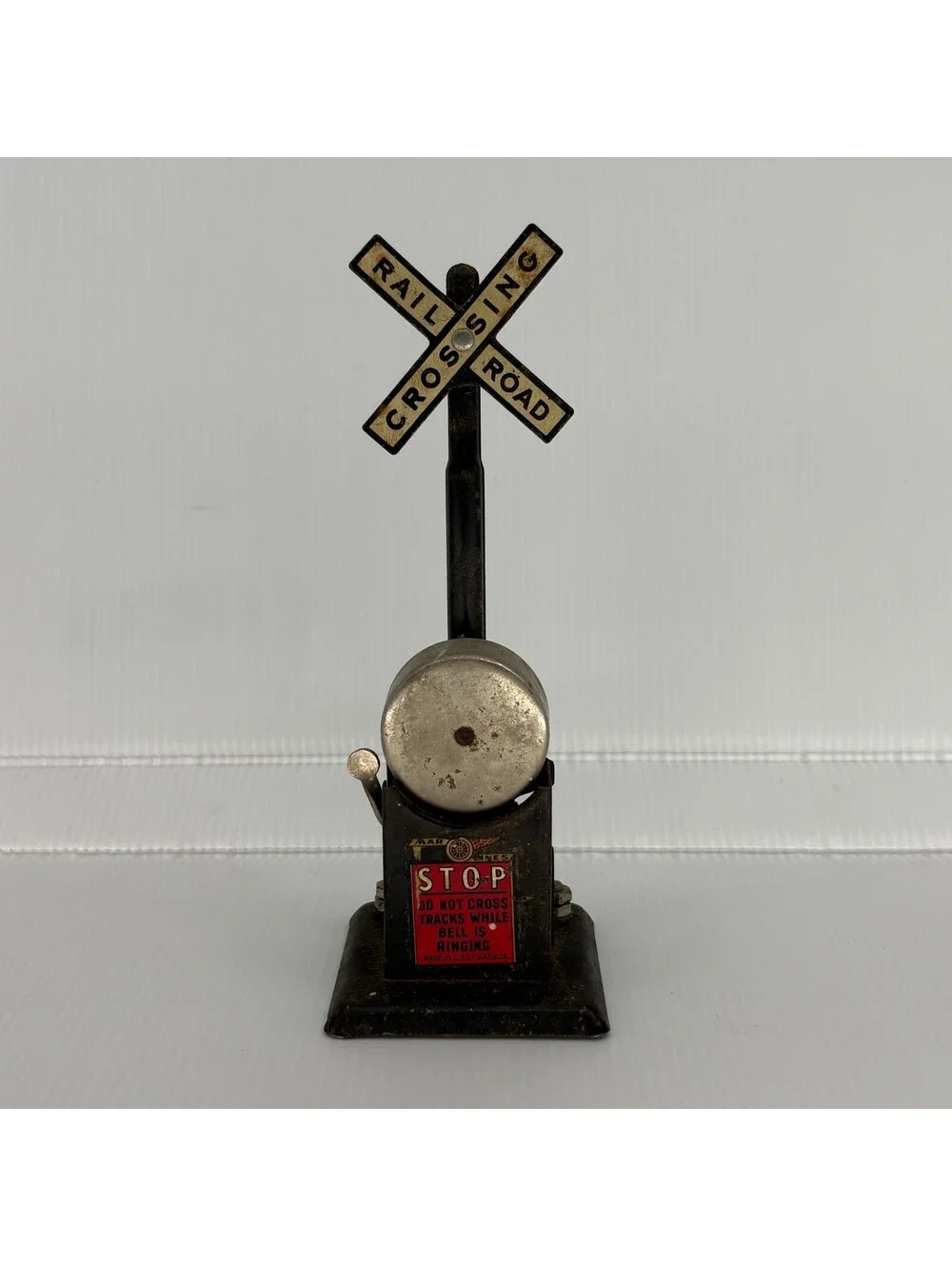 Vintage Marx Toys Tin Litho Railroad Crossing Bell Signal Mechanical 8.25 In USA